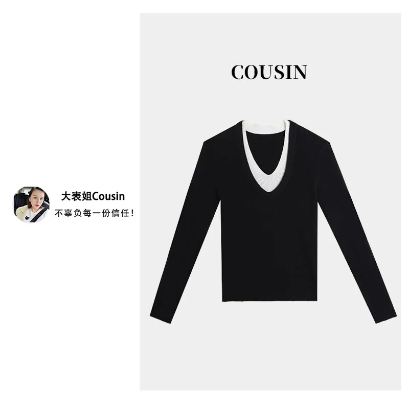 【D.cousin大表姐】-（夹心慕斯）假两件V领随身显瘦针织长袖-30121