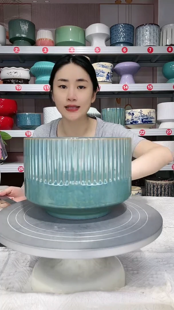 【闪购商品】陶瓷20CM以下高温陶瓷花盆-01新绿竖纹小20*14