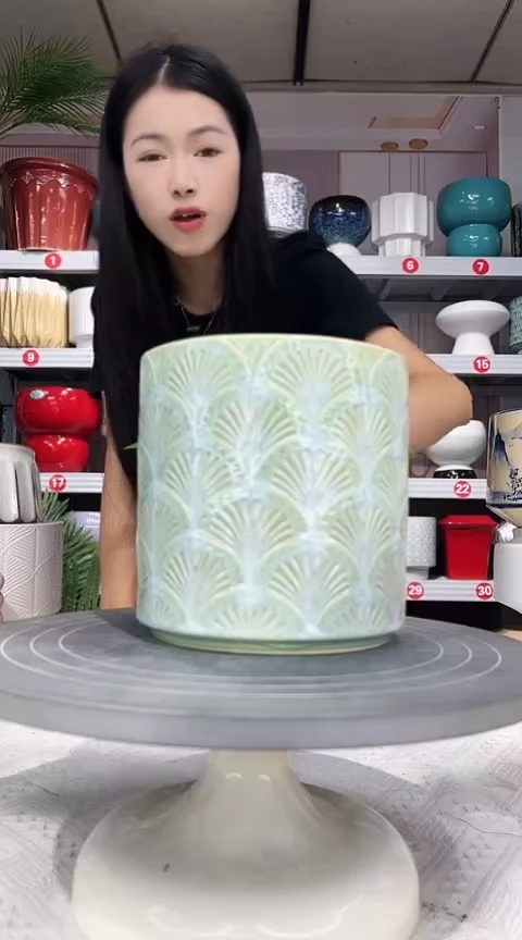 【闪购商品】陶瓷20CM以下高温陶瓷花盆-15*-15绿扇