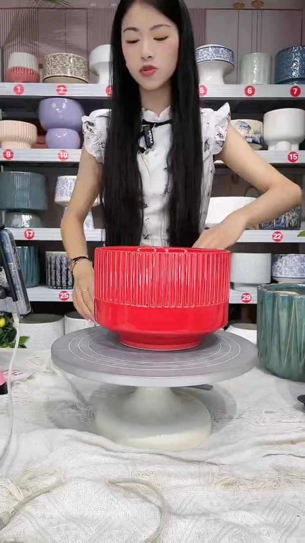 【闪购商品】陶瓷20CM以下高温陶瓷花盆-红竖纹小20*14