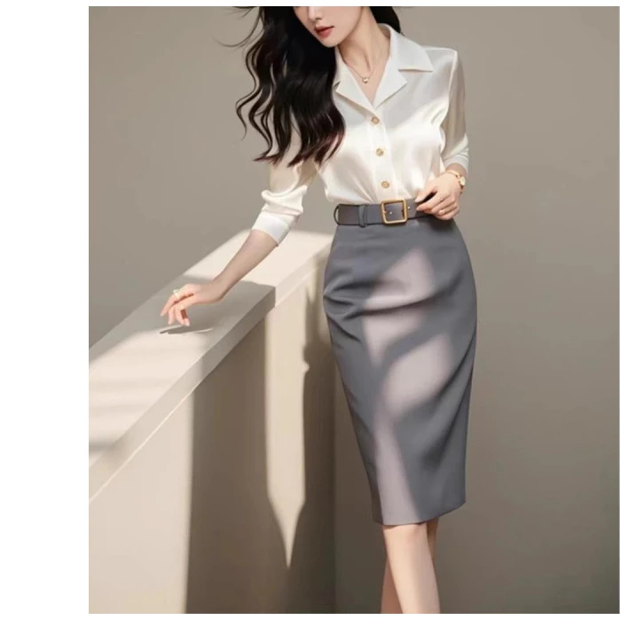 2025早秋新款时髦气质职业大方得体套装女装高级白色衬衫半裙套装