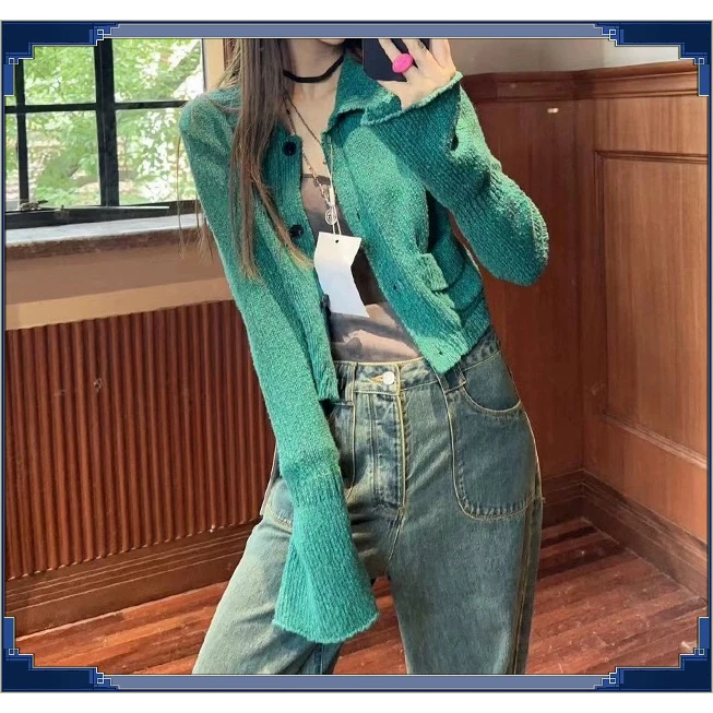 2025设计感小众时尚气质长袖毛衣外套绿色复古针织开衫女秋季新款