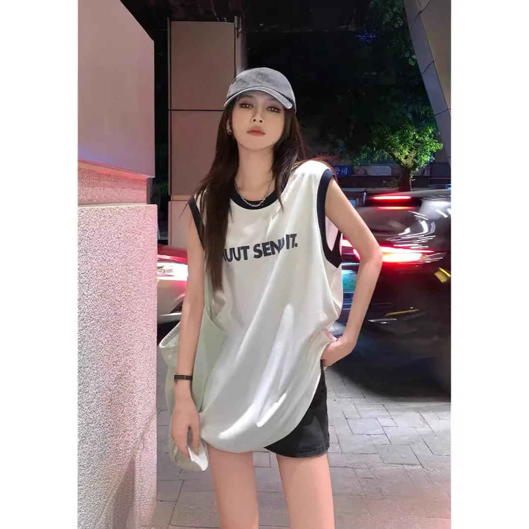 圆领撞色无袖t恤女夏中长款宽松慵懒风运动休闲体恤背心印花上衣