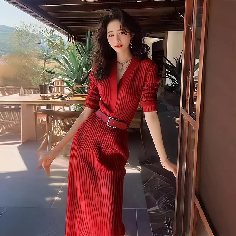 安哥拉红色针织连衣裙女2025新款秋季轻奢高级感正式场合气质裙子