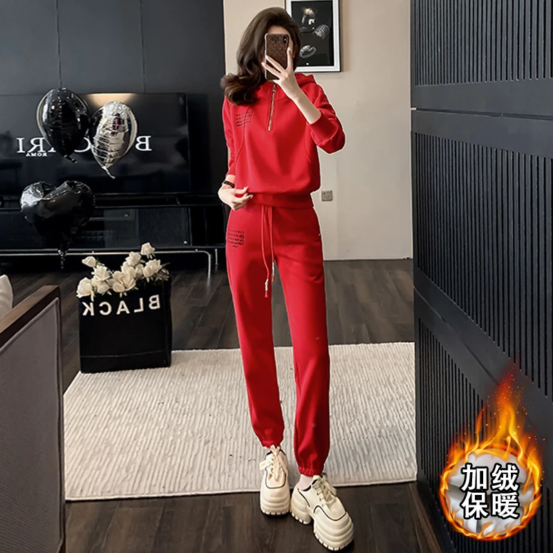 潮流时尚运动套装女2024新款网红炸街红色加绒卫衣休闲裤两件套女