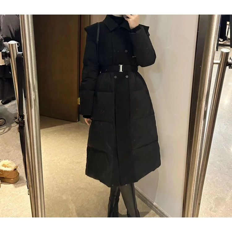 今年流行翻领拼接羽绒棉服秋季新款保暖黑色中长款收腰外套大衣女