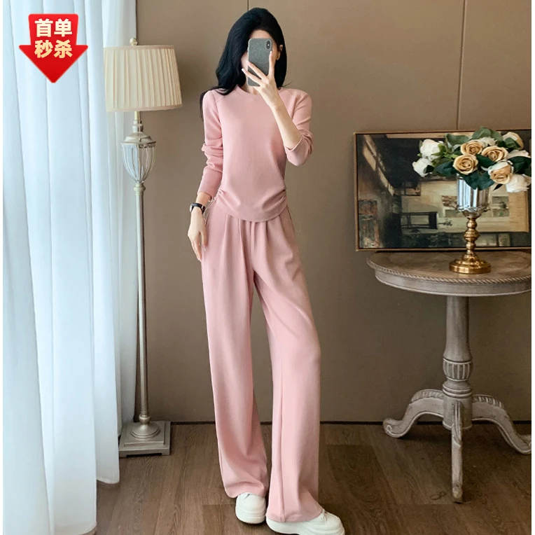 女秋季新款多巴胺时尚套装洋气减龄粉色长袖收腰上衣阔腿裤两件套