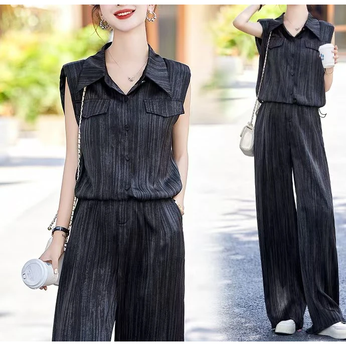 阔腿裤套装女2024夏新款气质女神范小香风条纹职业无袖衬衫两件套