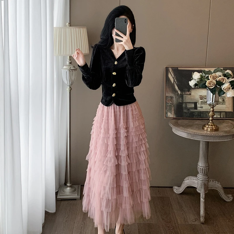 层层蛋糕裙网纱半身裙套装秋季2025新款设计感高腰蓬蓬长裙两件套
