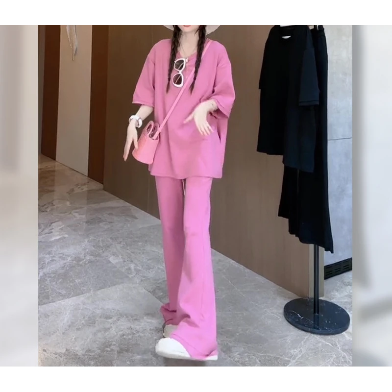炸街高级气质宽松短袖T恤女2024夏季新款喇叭裤时尚休闲粉色套装