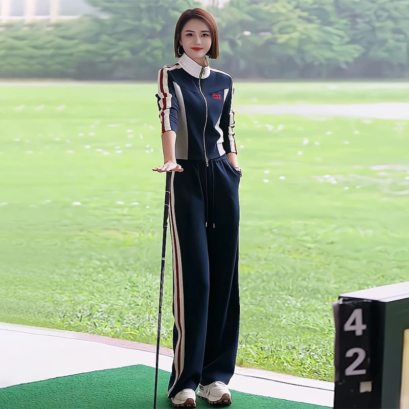 欧货运动套装2024女秋新款修身显瘦拼色立领开衫上衣阔腿裤两件套