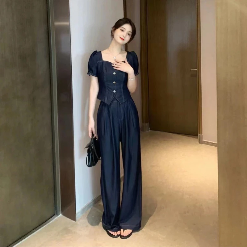 2025夏季新款牛仔短袖上衣女夏装搭配一整套时尚休闲裤时尚套装女