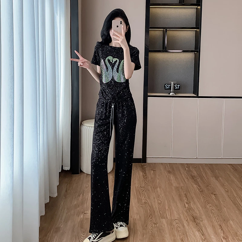 重工烫钻时髦套装夏新款时尚减龄遮肉显廋休闲上衣裤子两件套