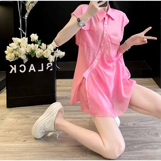 夏季时尚休闲防晒套装女设计感不规则褶皱斜扣翻领衬衫短裤两件套