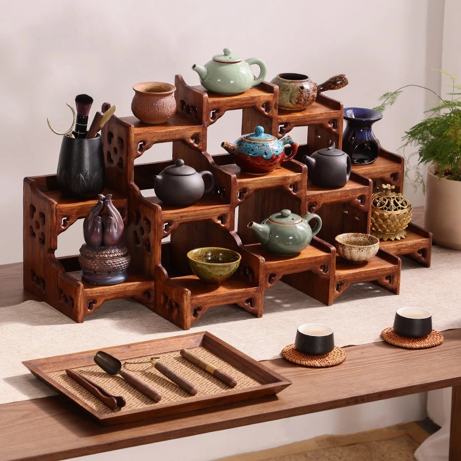 异丽大号中式复古柚木博古架加大号木质简约储物置物格桌面茶杯架