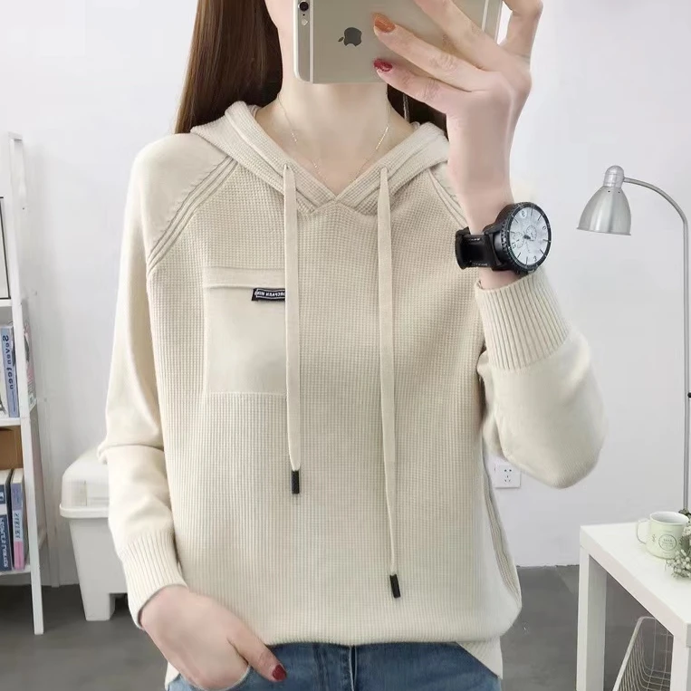 230#春季新款时尚针织衫连帽宽松打底衫女士洋气上衣