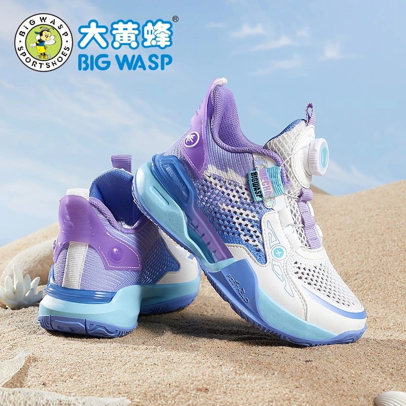 大黄蜂童鞋儿童篮球鞋2025初夏新款青少年旋转纽扣网面男童运动鞋