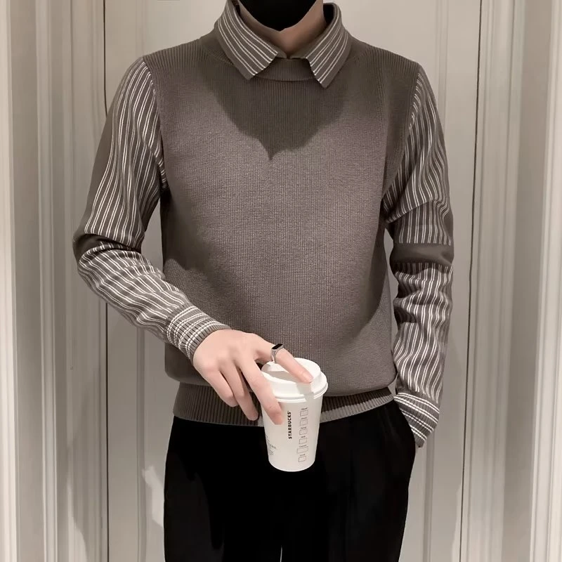 高级感深V领设计感纯色打底针织衫男高级小众内搭毛衣中性风潮流