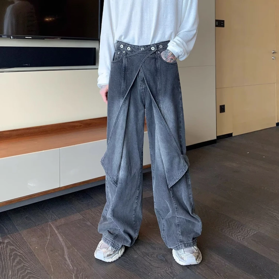 港风潮男夏季新款2023个性字母牛仔裤嘻哈ins 潮高街潮流痞帅长裤