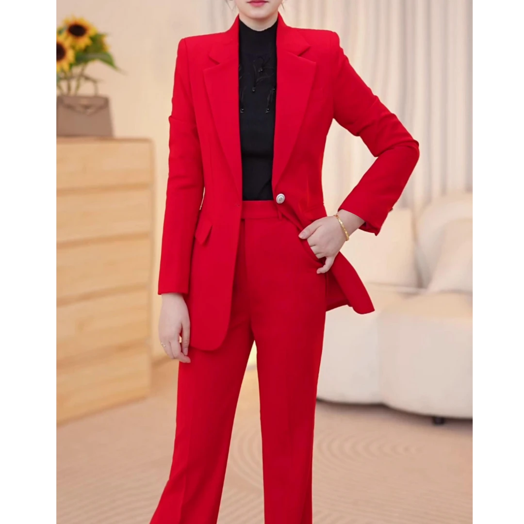 休闲西装套装女红色珠宝店美容院职业装面试通勤正装西服外套