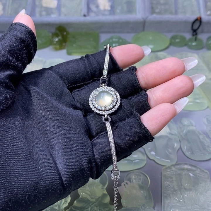 岫玉手链银S925镶嵌手链