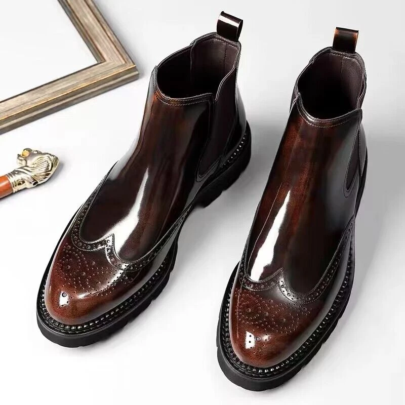 开边珠头层牛皮切尔西靴男英伦时尚短靴子商务高帮皮鞋加绒皮靴潮