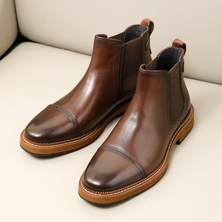 三接头真皮高帮皮鞋男士皮靴短靴加绒意大利复古切尔西靴男英伦