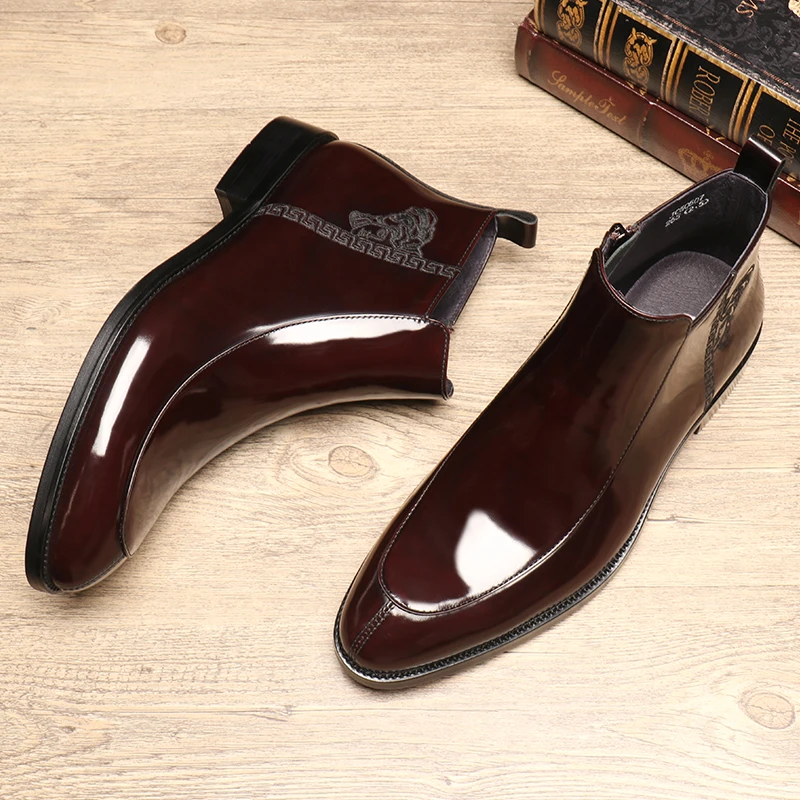 亮面漆皮尖头商务马丁靴男士正装高帮皮鞋英伦加绒真皮靴子潮短靴