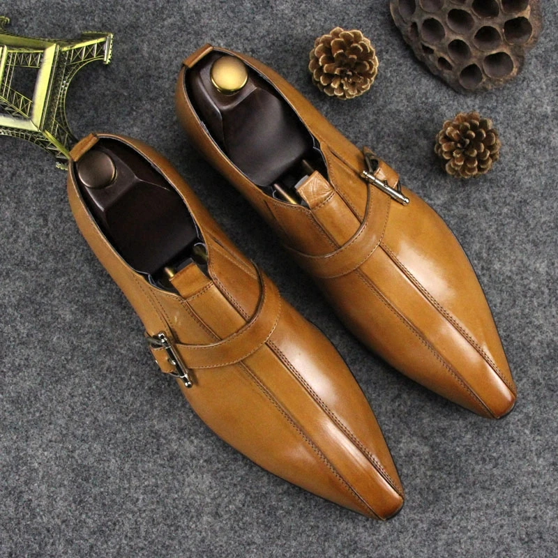 正品真皮英伦男士时尚商务正装皮鞋韩版尖头鞋黑色搭扣男鞋婚鞋潮