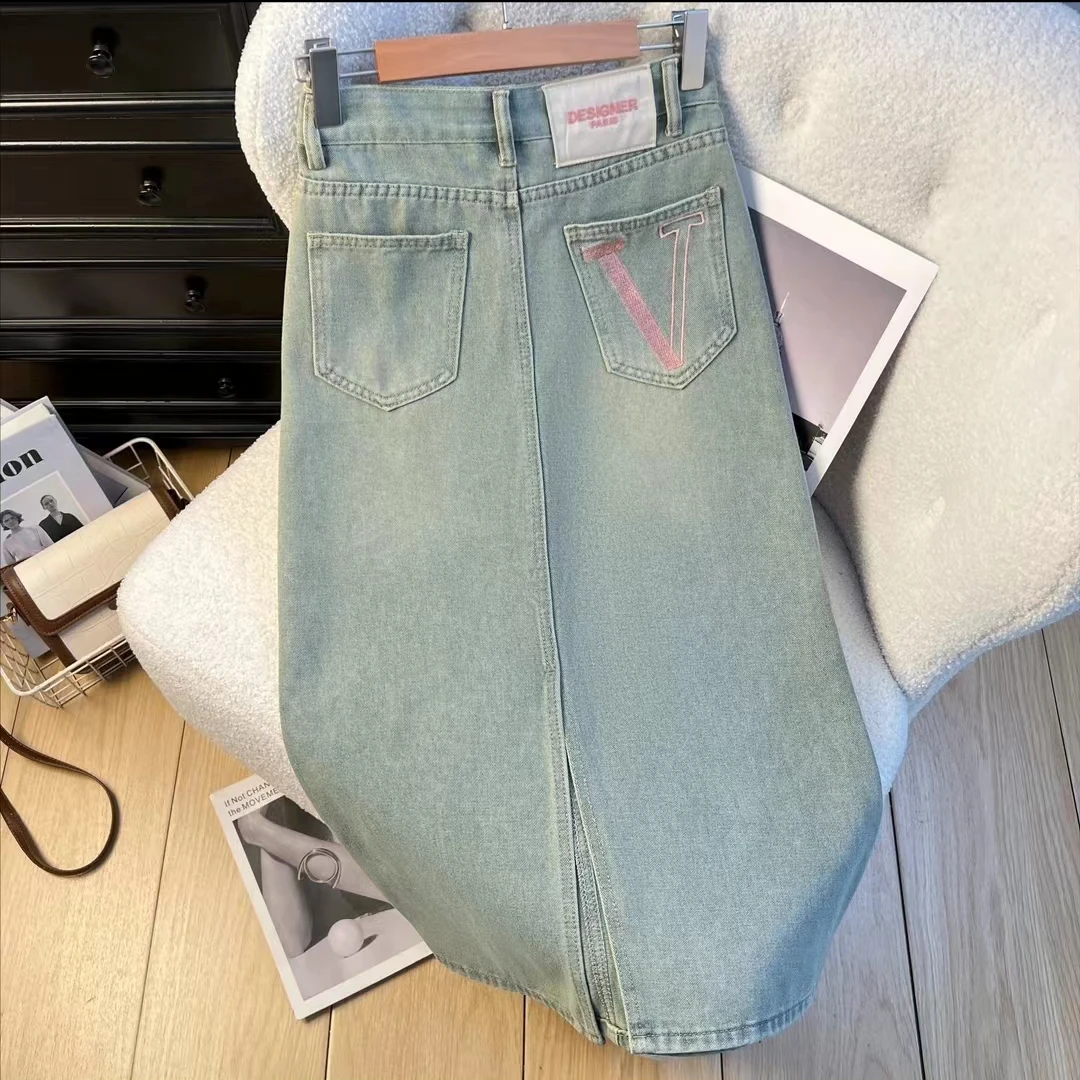 S夏款粉V显瘦半身裙高腰短裙裙子牛仔时尚百搭夏季开叉显瘦半身裙