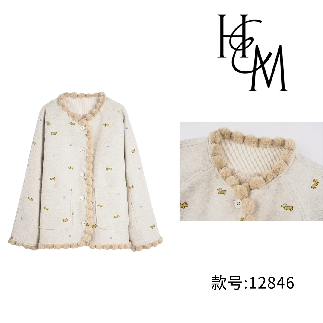 HUIERMAN/慧尔曼时尚设计师款加绒保暖呢子小狗刺绣外套【12846】