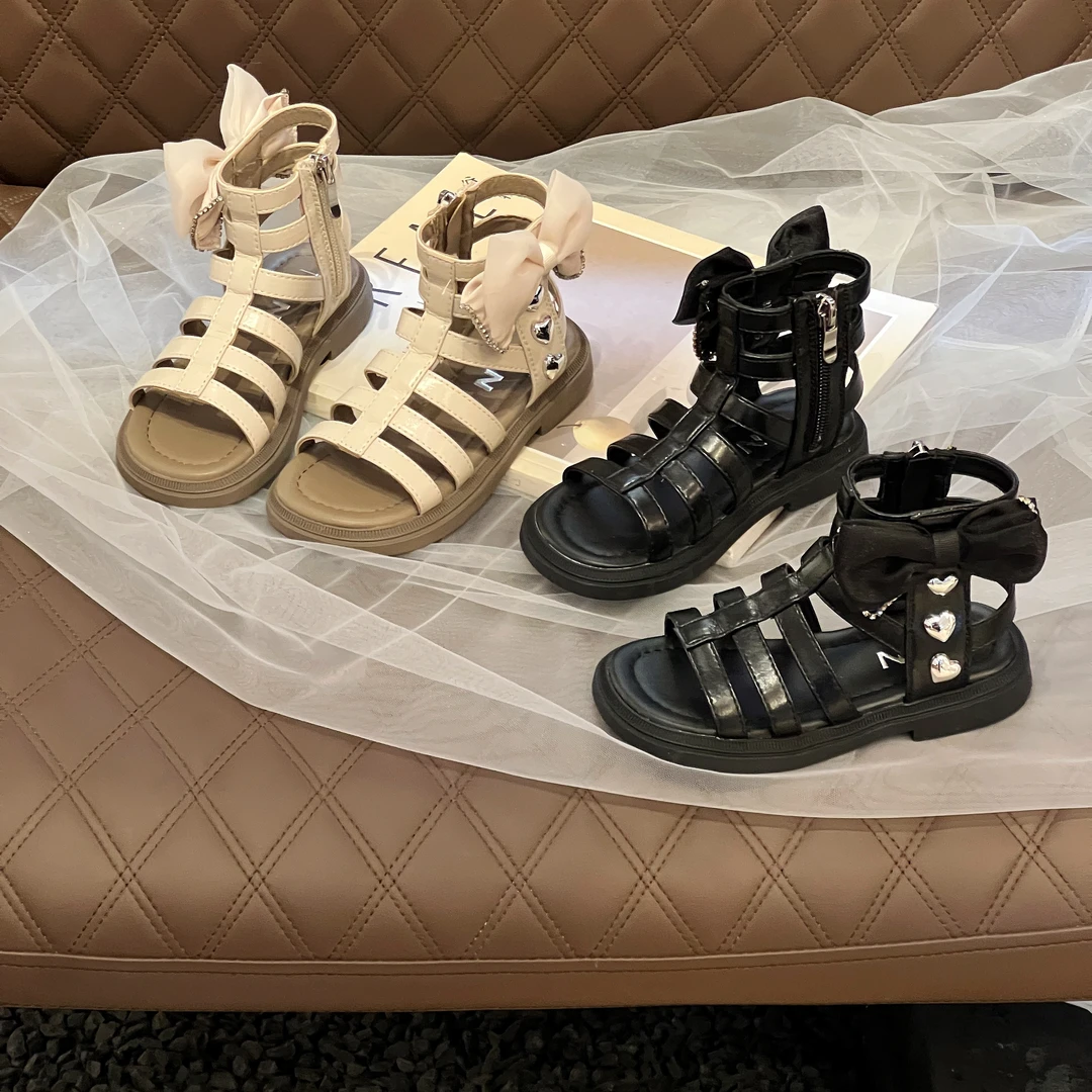 【甜心】夏季罗马鞋女童甜美蝴蝶结中筒凉鞋露趾编织