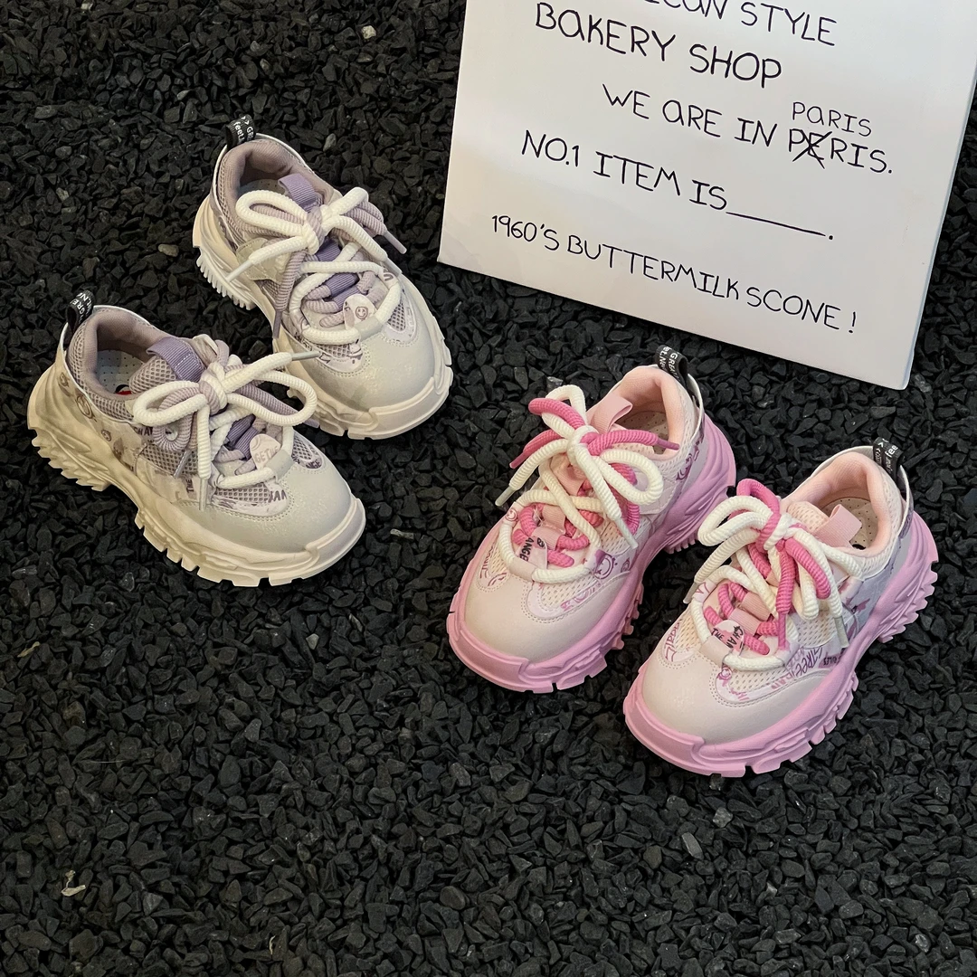 赞赞家【莓紫】2024新款老爹鞋轻便厚底休闲鞋女童舒适单里透气百搭