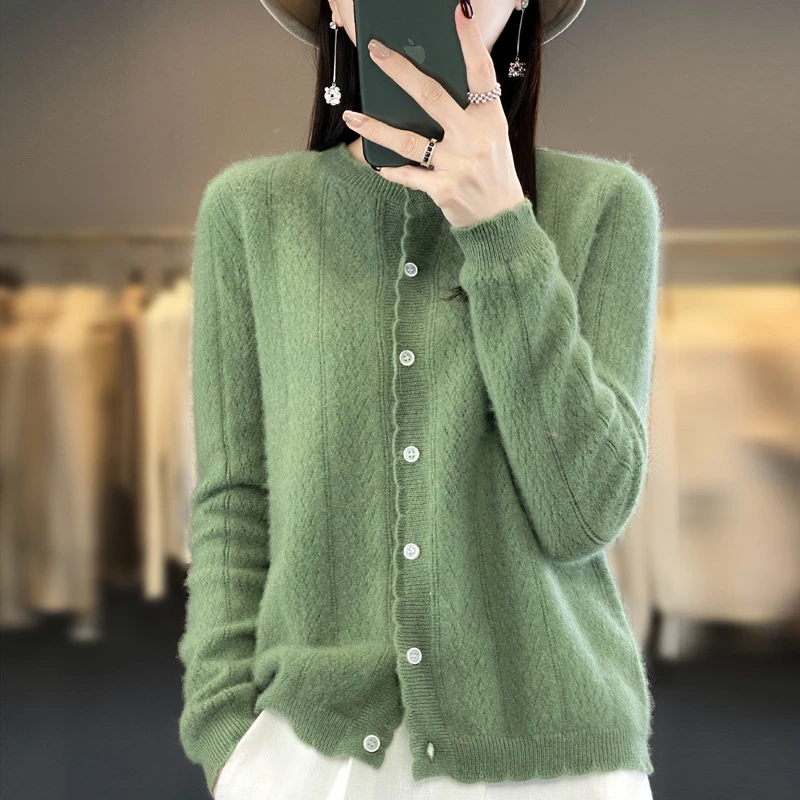 【崔万志工厂】麦穗花边圆领羊毛开衫840