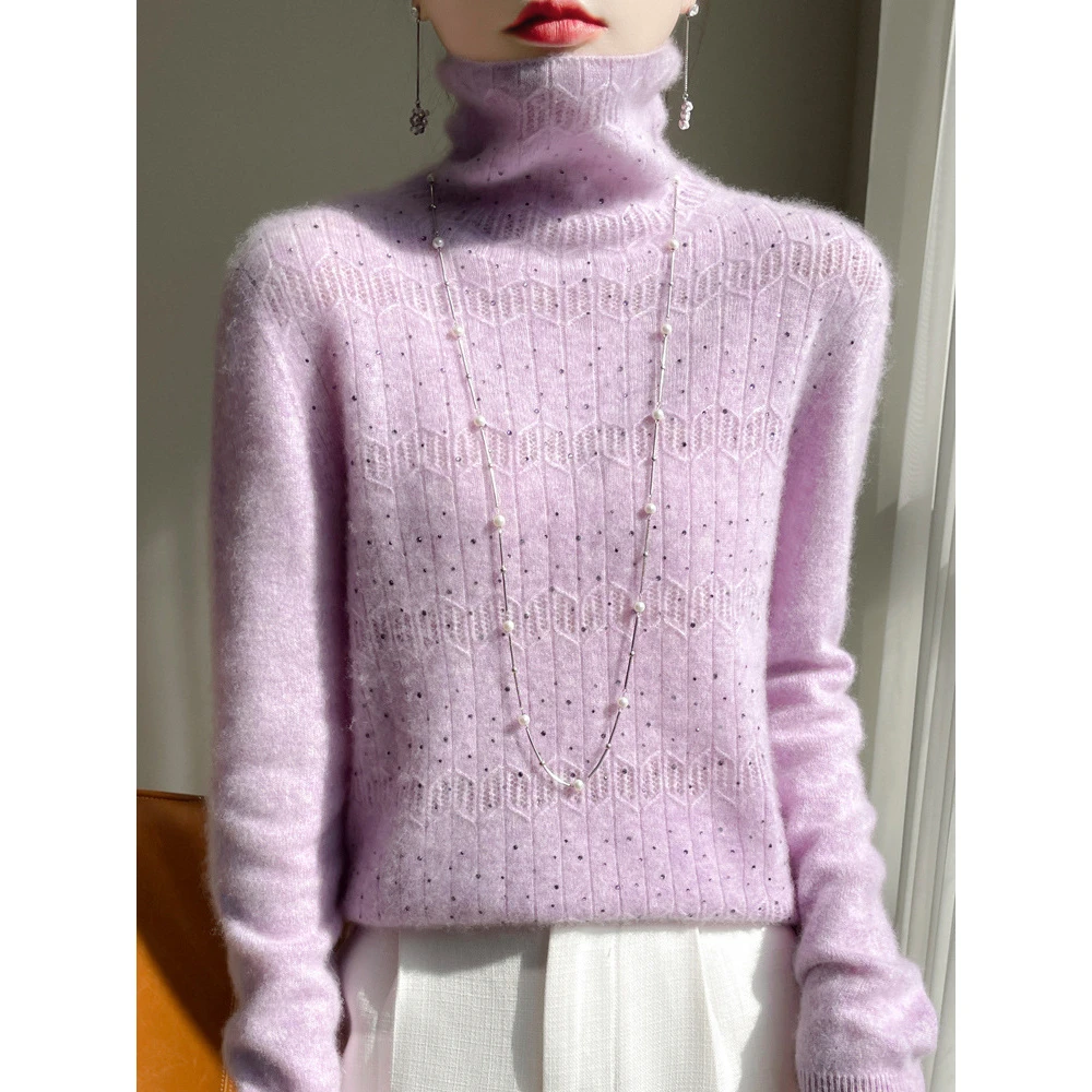 新款堆堆领镂空烫钻高领羊毛衫