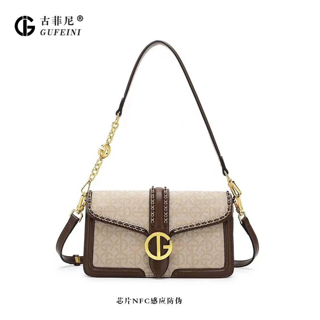 Gufeini/古菲尼女士春夏新款复古拼色百搭单肩斜跨小方包98011