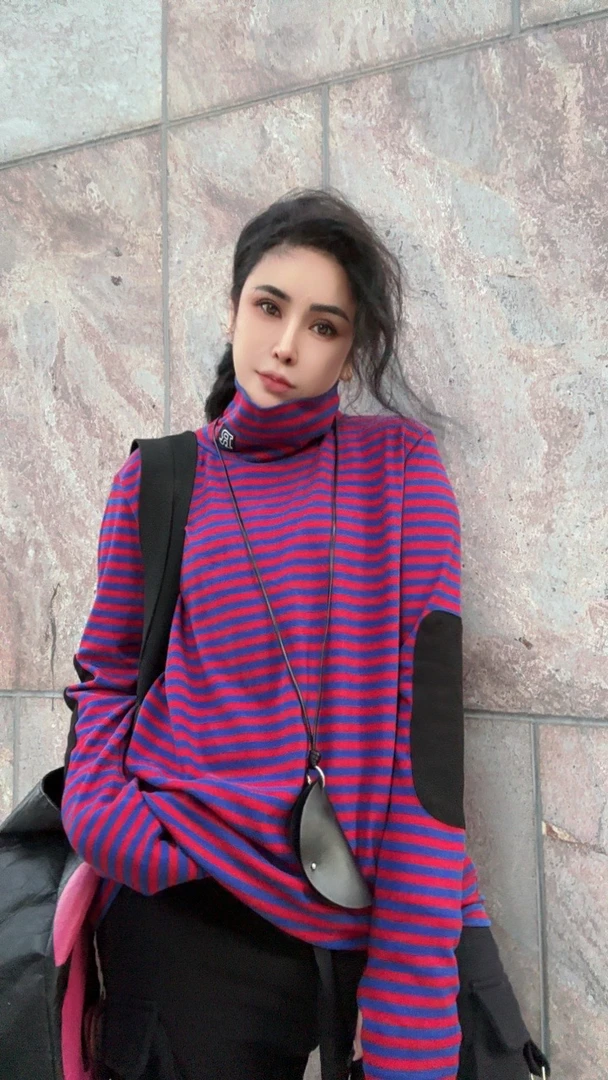 潮牌时尚高领德绒打底衫条纹