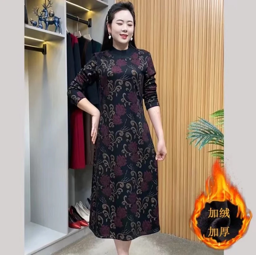 2023长袖洋气连衣裙中老年气质妈妈装时尚显瘦加绒修身中长款裙子
