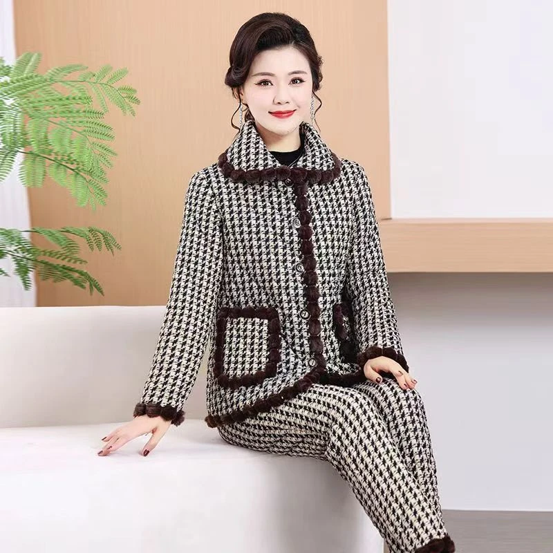 新款妈妈装冬季棉衣套装时尚加厚保暖棉袄中老年秋冬季加绒两件套