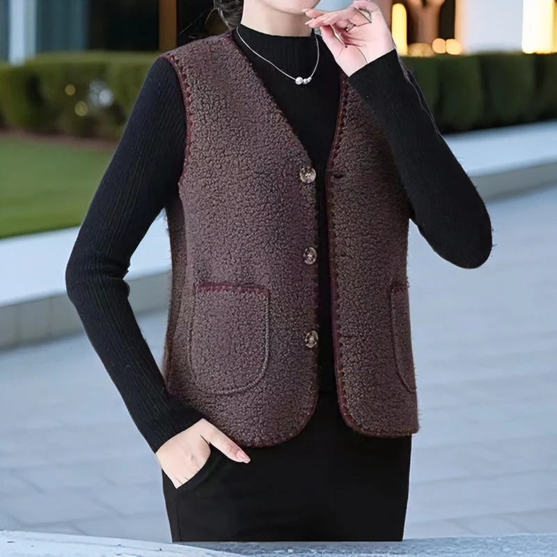 时尚网红秋冬春秋百搭宽松韩版无袖毛马甲马夹外穿中老年短款中年