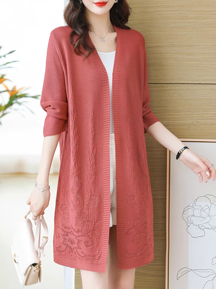 夏季开衫大码中长款披肩防晒衫女装空调衫妈妈装冰麻外披外套薄款