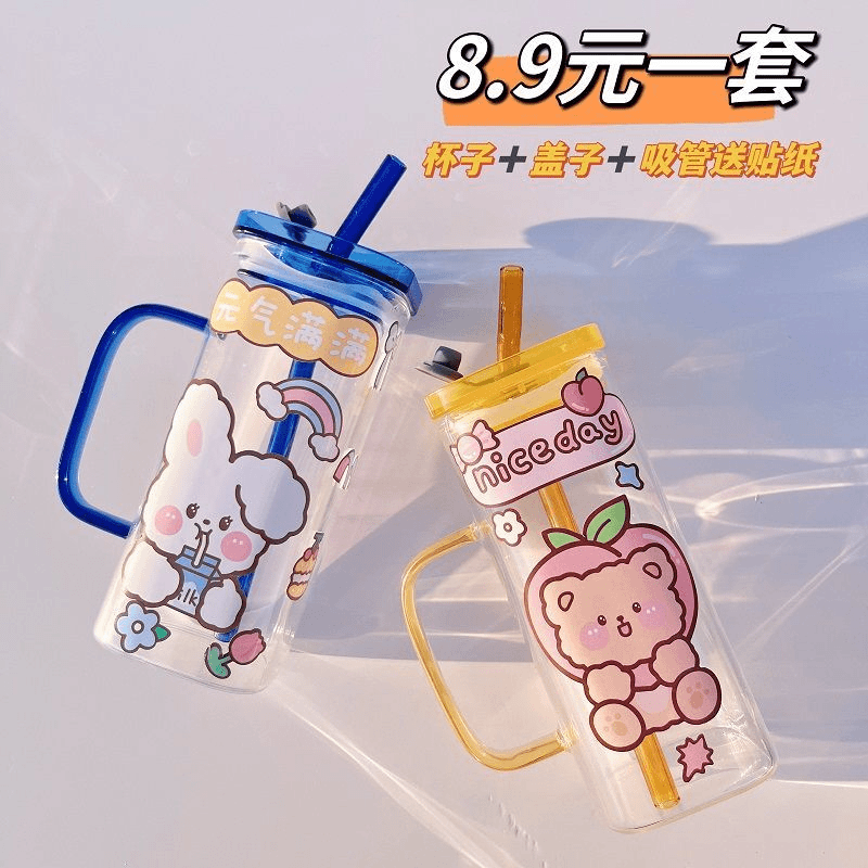 高颜值玻璃杯方形玻璃杯带把手吸管杯子ins高颜值水杯女耐高温杯