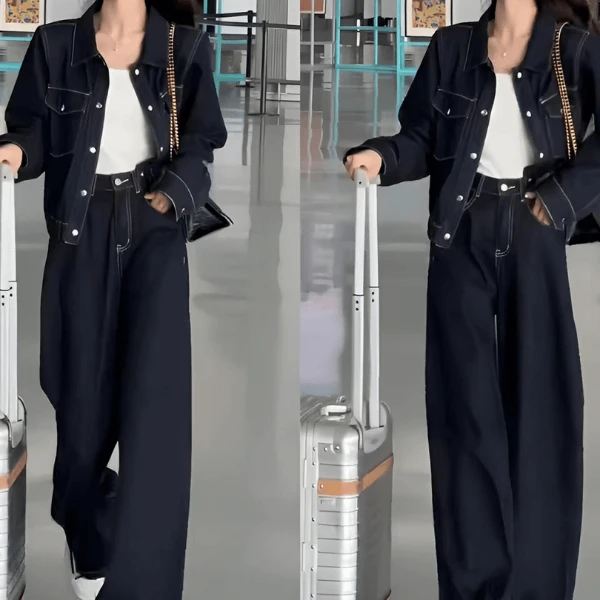 2024港风复古牛仔套装女春秋新款高级感时尚外套显瘦直筒裤两件套