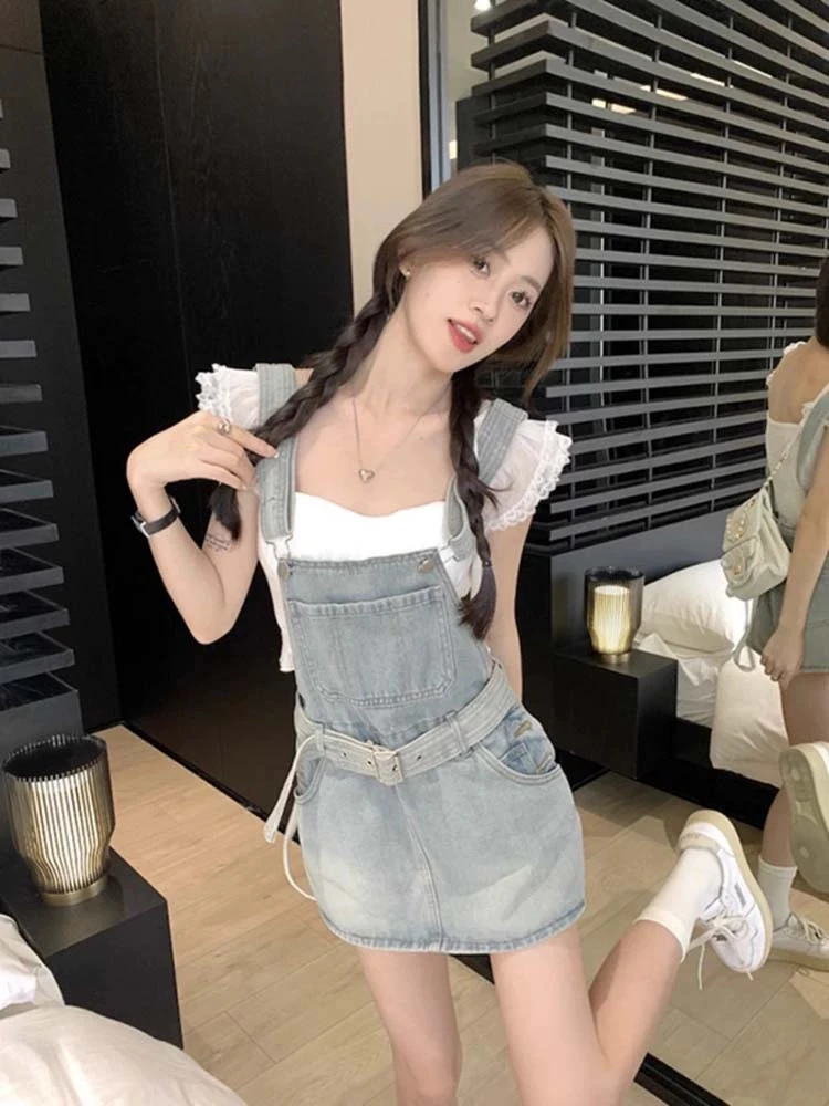 甜美减龄牛仔背带裙裤女夏季小个子收腰显瘦包臀短裙子辣妹背带裙