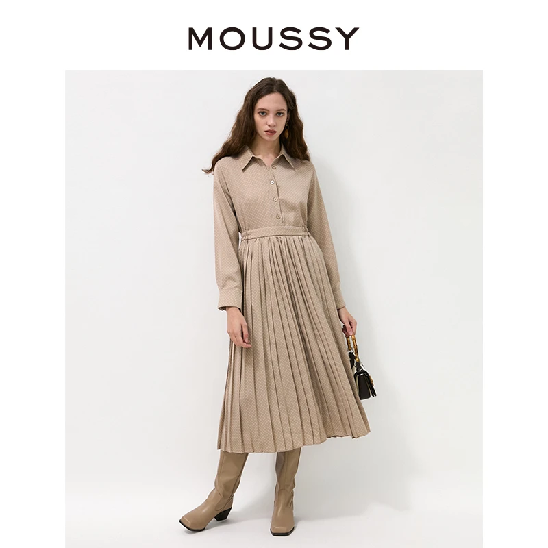 MOUSSY 秋季新款通勤气质优雅波点收腰下摆百褶衬衫连衣裙长裙女