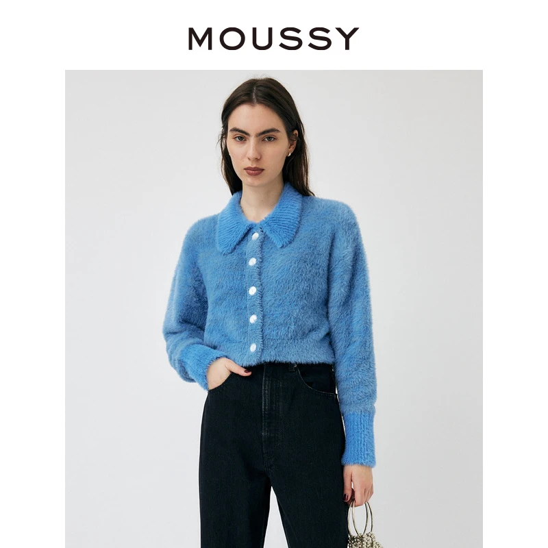 MOUSSY 秋冬甜美学院风短款毛绒针织开衫女028GA970-5060