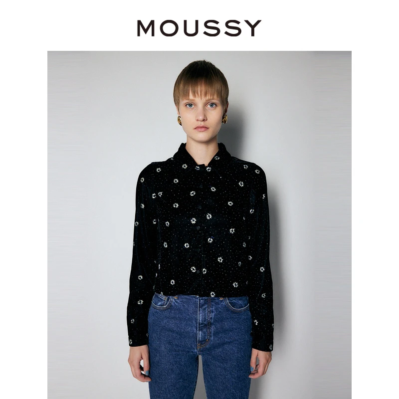 MOUSSY  秋季丝绒复古印花短款翻领长袖衬衫