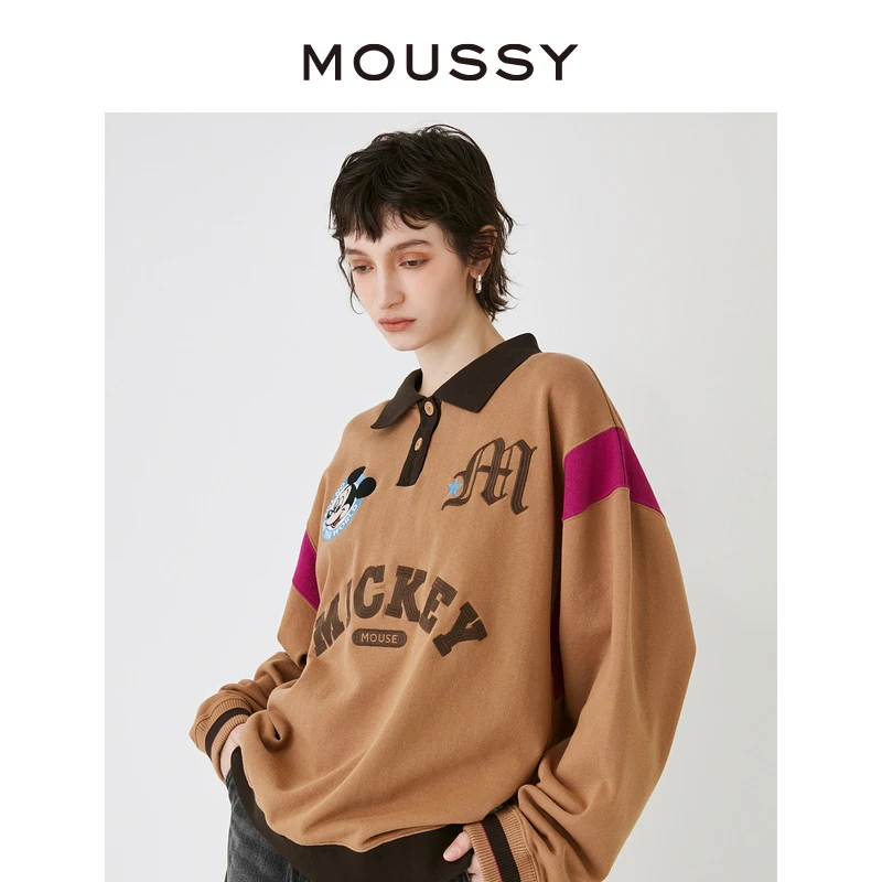 MOUSSY 2025迪士尼米奇图案撞色学院风polo领卫衣028GAY90-5090