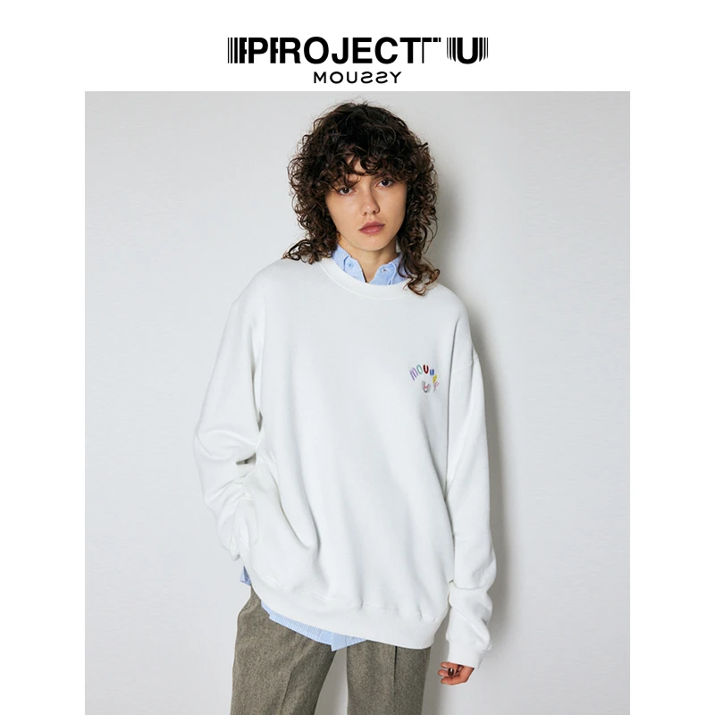 MOUSSY 秋季休闲通勤风logo图案印花宽松圆领长袖卫衣上衣女