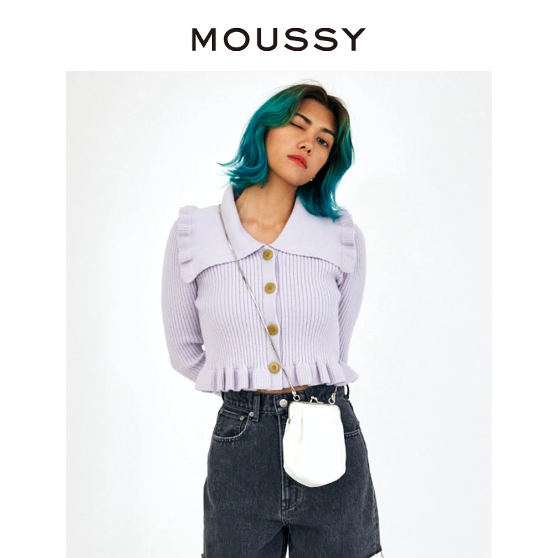 MOUSSY 秋季新款时尚通勤风海军领下摆花边设计修身针织衫上衣女